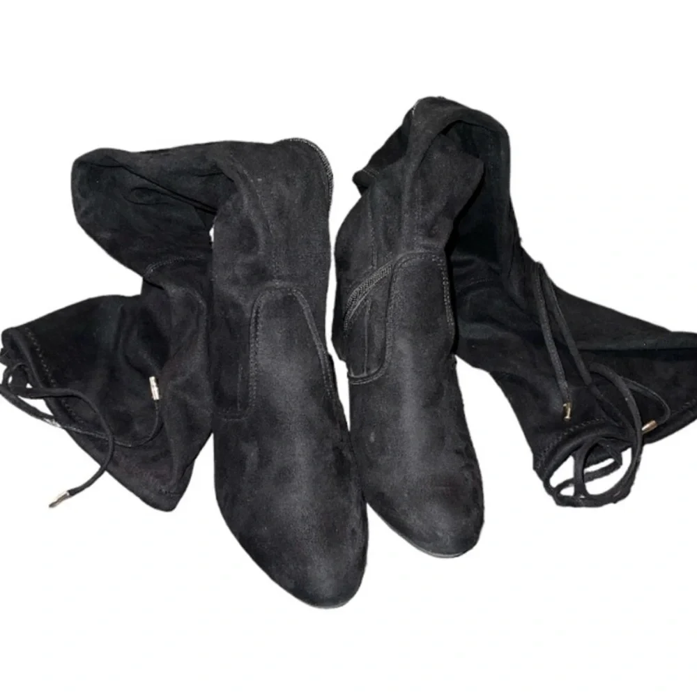 Black Suede Over The Knee Boots Block Heel Side Zip Tie Back Women Size‎ 6.5